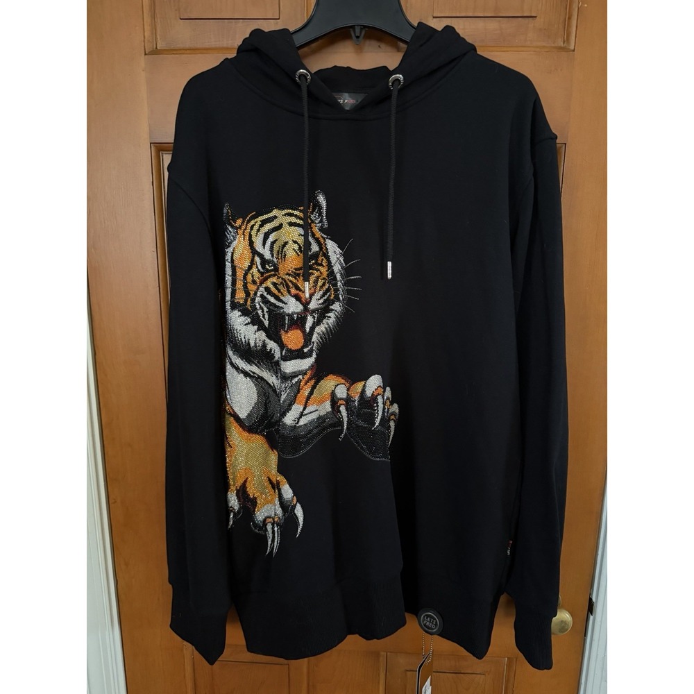 Men's Lets Fred Black Tiger Graphic Sweatshirt With Embellished Glass Crystals